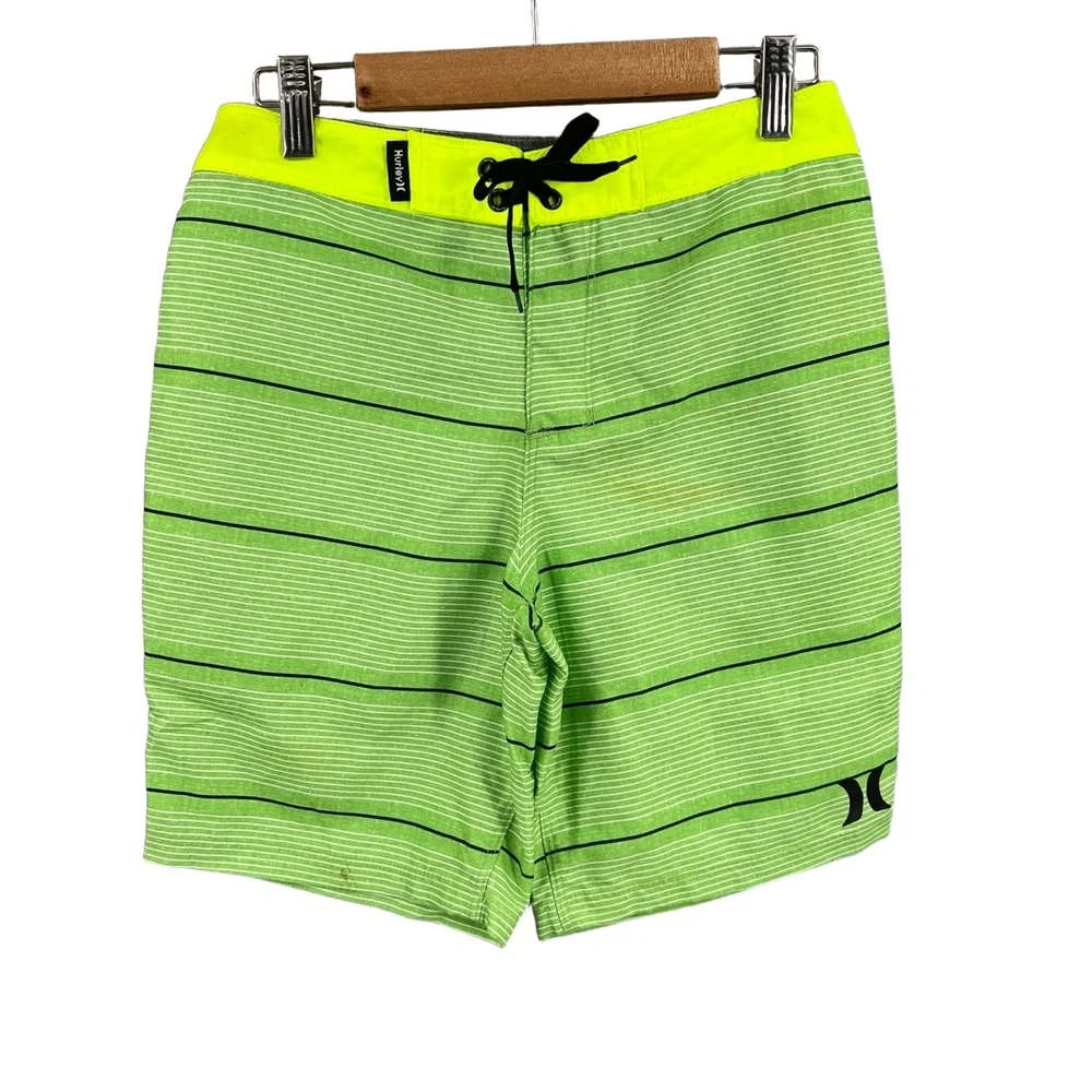 Hurley Boys Board Shorts Green Striped Lace Up Swim Beach‎ Surf Size 10